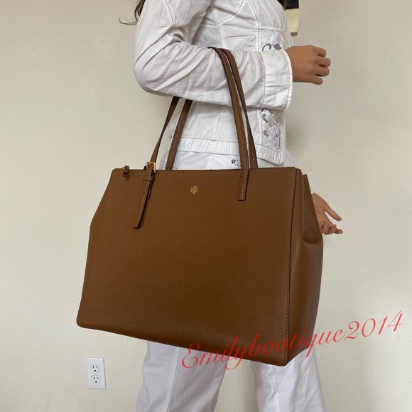 Tory Burch 134837 Emerson Large Double Zip Tote Moose Saffiano Leather Bag - Picture 2 of 14